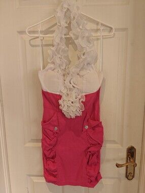 ENTRY Pink And White Ruffled Halter Mini Dress Y2K